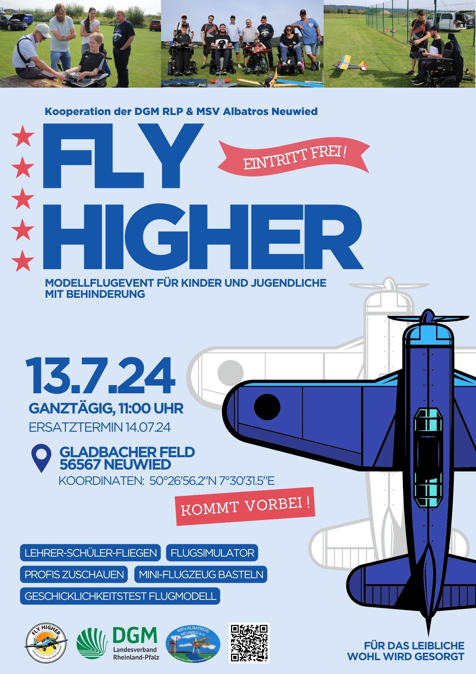 Plakat mit QR-Code für Modellflugevent Fly Higher am 13.07.2024